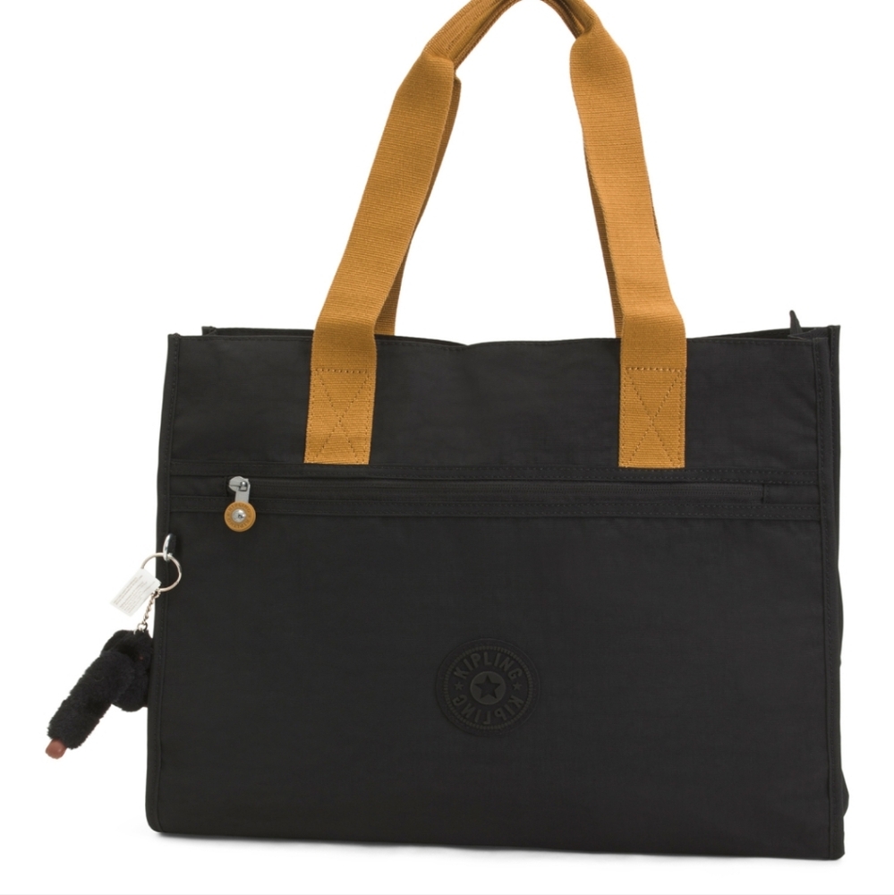 Kipling Black Tote Bag with Tan Handles